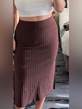 aerie Ribbed Pencil Midi Skirt in Chocolate Brown